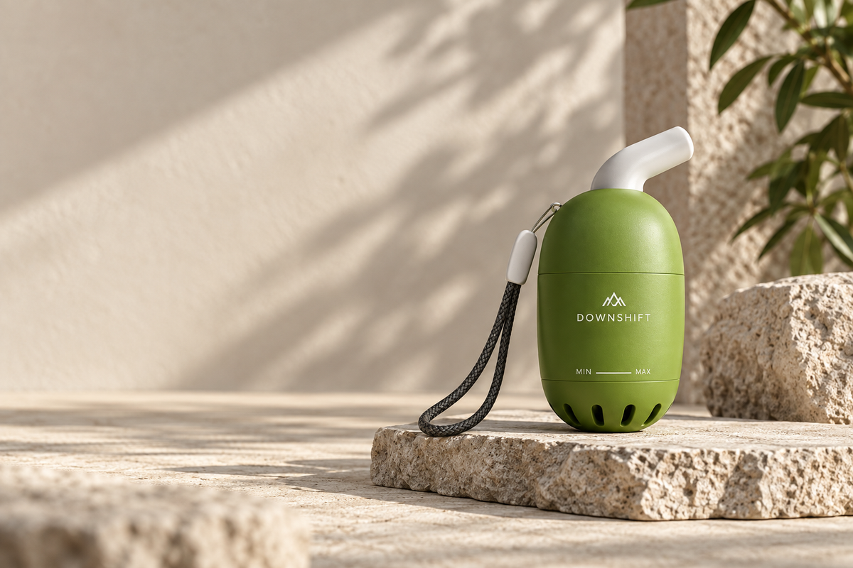 DOWNSHIFT AIR breathing trainer on warm limestone in natural light
