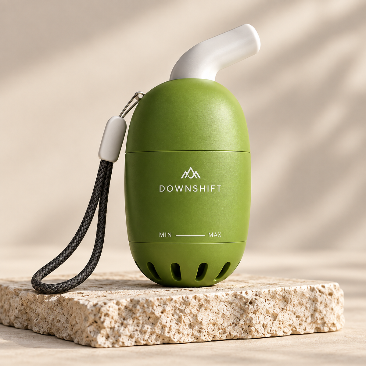 Close view of the olive DOWNSHIFT AIR adjustable breathing trainer